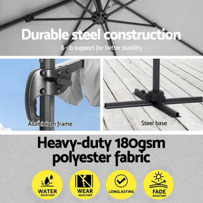 Instahut 3m Outdoor Umbrella Cantilever 360 Degree Tilt Beach Roma Grey - Mekamart Australia