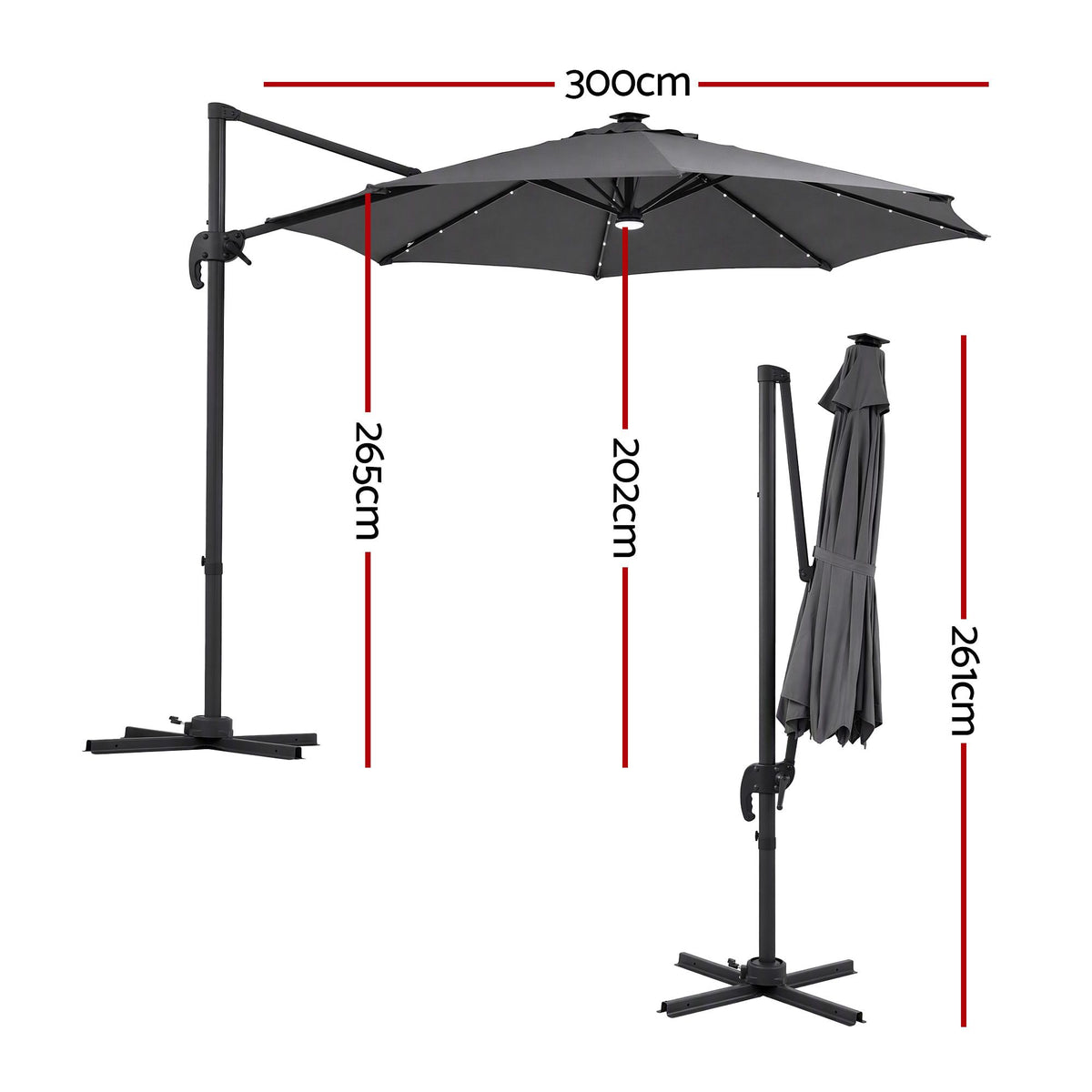 Instahut Outdoor Umbrella 3m Solar LED Offset Cantilever Patio Parasol Charcoal