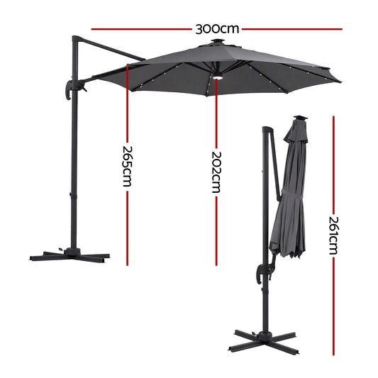 Instahut Outdoor Umbrella 3m Solar LED Offset Cantilever Patio Parasol Charcoal