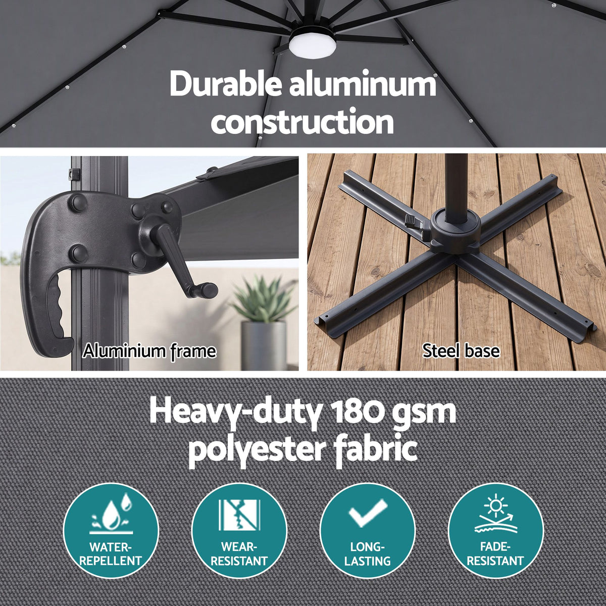 Instahut Outdoor Umbrella 3m Solar LED Offset Cantilever Patio Parasol Charcoal
