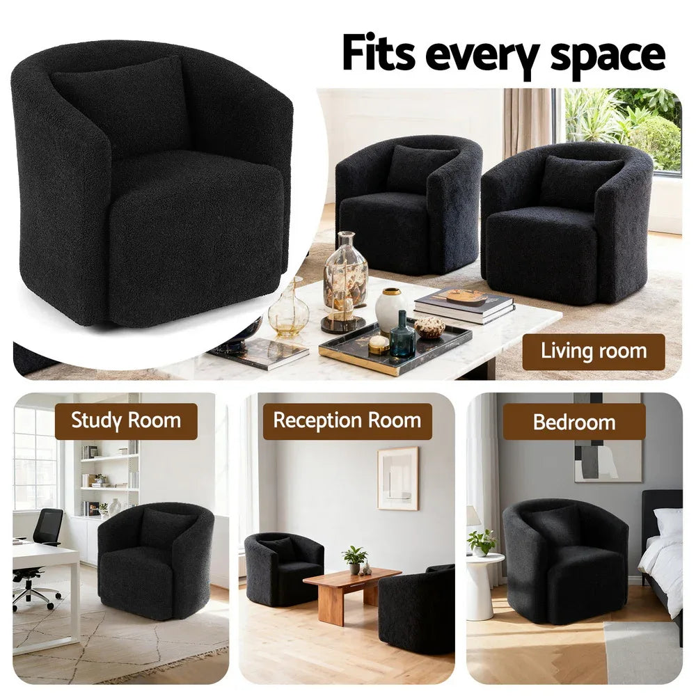 Artiss Round Swivel Armchair Sherpa Fleece Black - Mekamart Australia