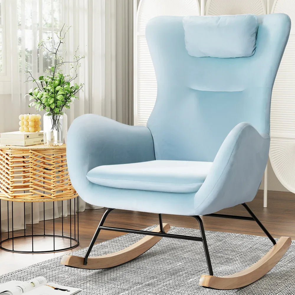 Artiss Rocking Chair Armchair Pillow Velvet Blue - Mekamart Australia