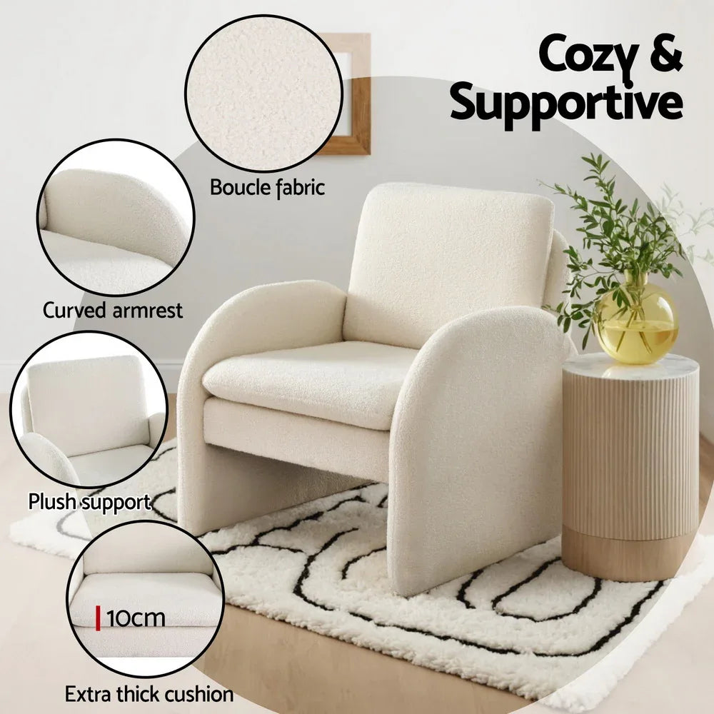Artiss Armchair Accent Chair Lounge Tub Sofa Couch Curved Arm Seat Boucle White - Mekamart Australia
