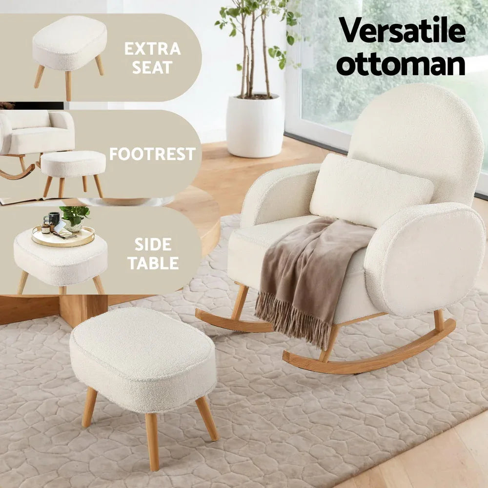 Artiss Armchair Rocking Chair Ottoman Lounge Footrest Round Nursing Boucle White - Mekamart Australia