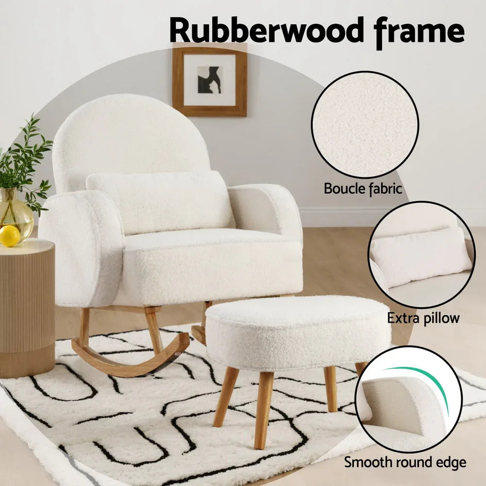 Artiss Armchair Rocking Chair Ottoman Lounge Footrest Round Nursing Boucle White - Mekamart Australia