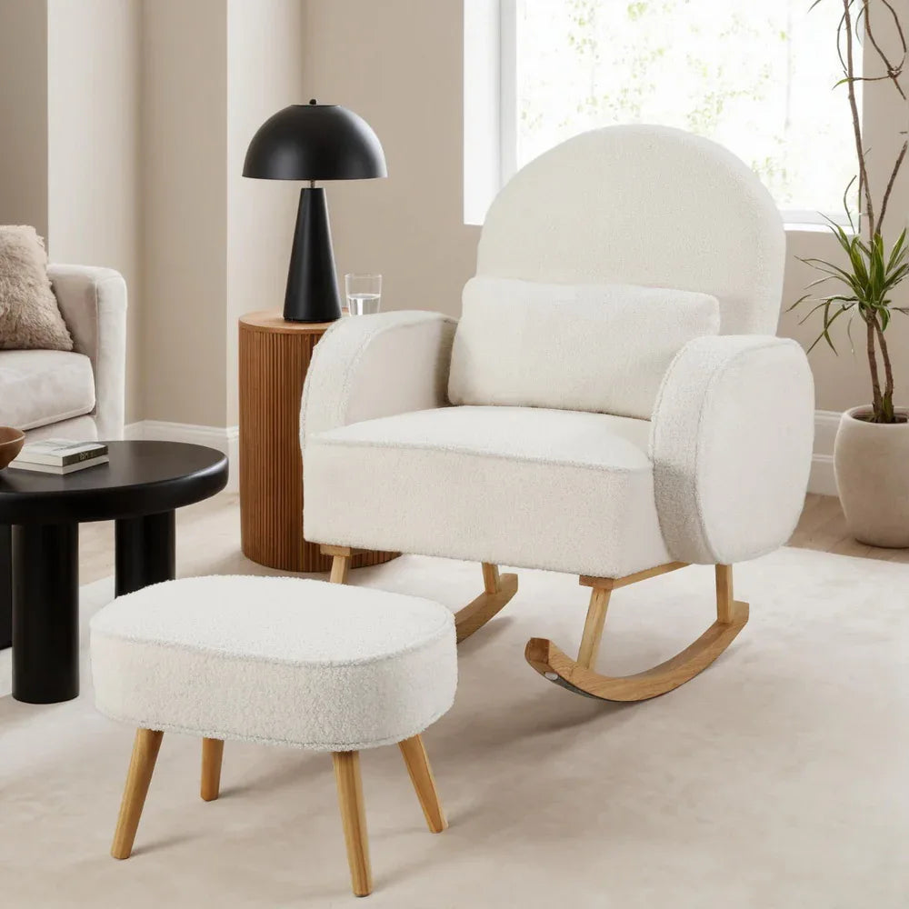 Artiss Armchair Rocking Chair Ottoman Lounge Footrest Round Nursing Boucle White - Mekamart Australia