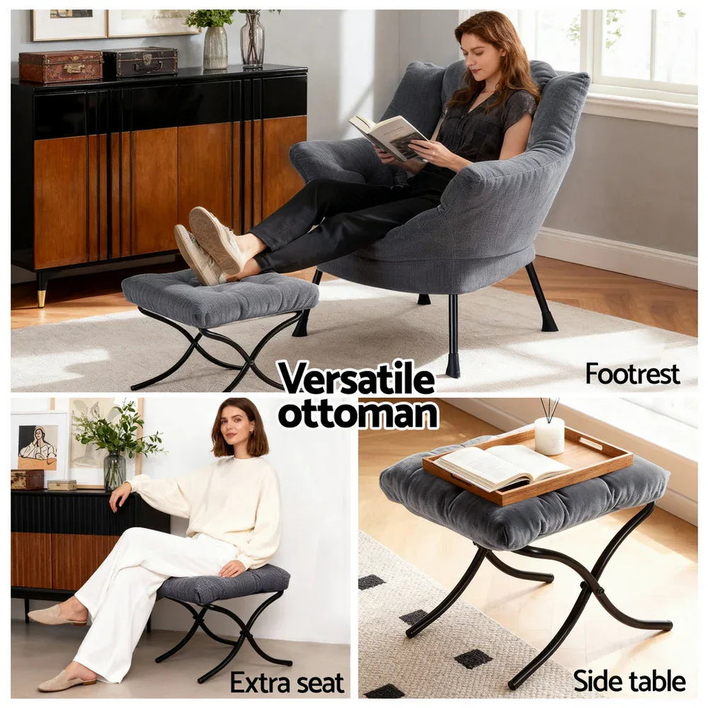 Artiss Armchair Accent Chair Ottoman Lounge Footrest Velvet Grey - Mekamart Australia