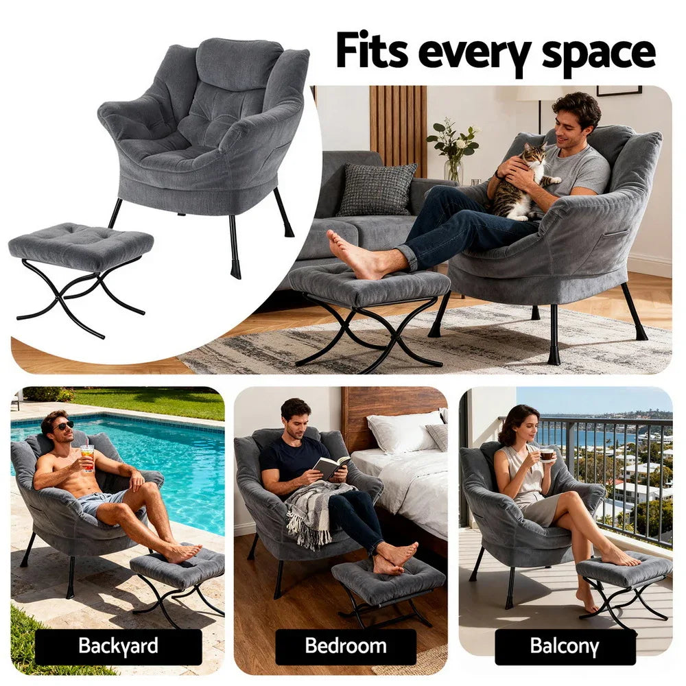 Artiss Armchair Accent Chair Ottoman Lounge Footrest Velvet Grey - Mekamart Australia