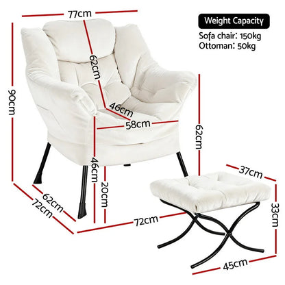 Artiss Armchair Accent Chair Ottoman Lounge Footrest Velvet White - Mekamart Australia