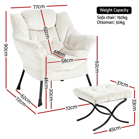 Artiss Armchair Accent Chair Ottoman Lounge Footrest Velvet White - Mekamart Australia