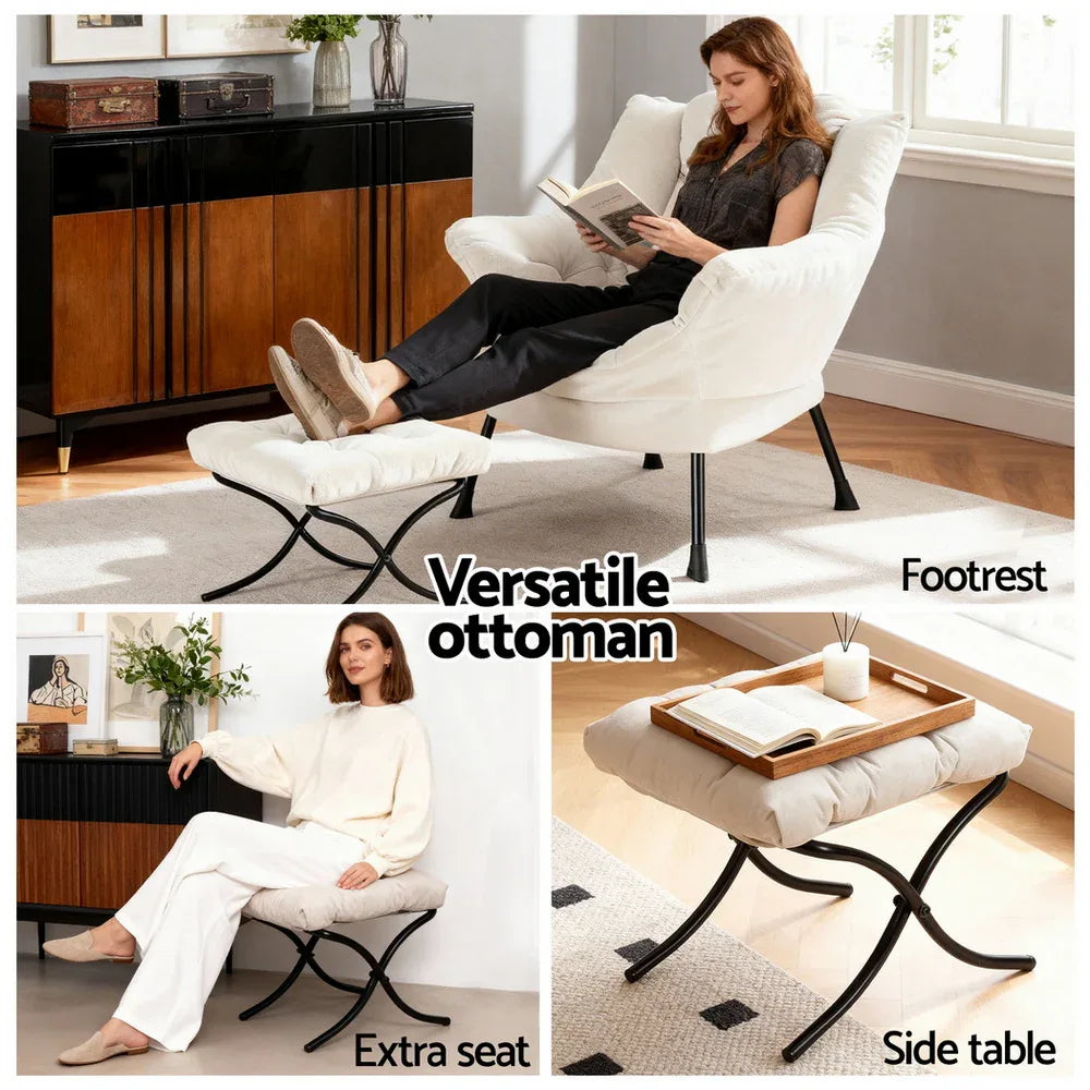 Artiss Armchair Accent Chair Ottoman Lounge Footrest Velvet White - Mekamart Australia