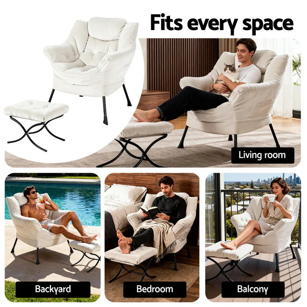 Artiss Armchair Accent Chair Ottoman Lounge Footrest Velvet White - Mekamart Australia