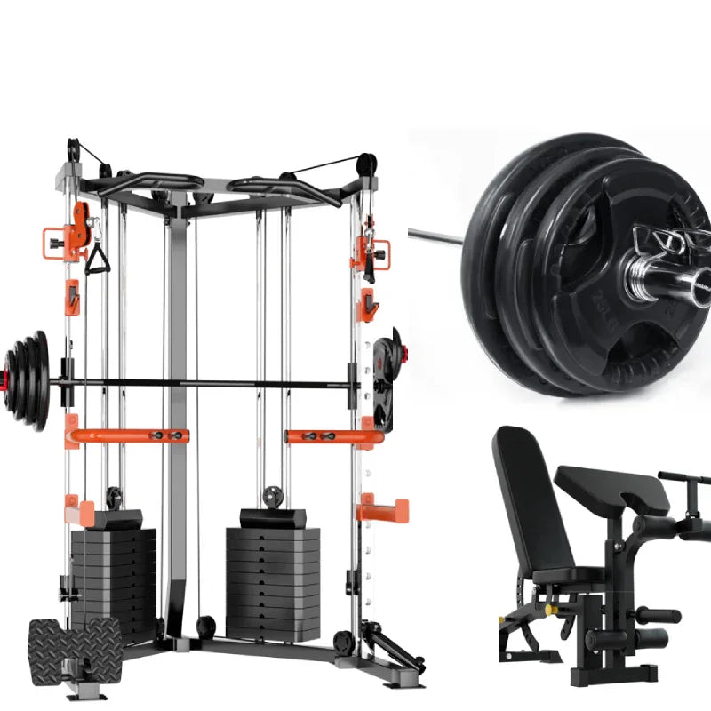 SmartFit C1 Max Multi Functional Cable Crossover Station 140kgs Pin Loaded Machine + Multi Func Bench+7Ft Olympic Barbell + 100kgs Weights - Mekamart Australia