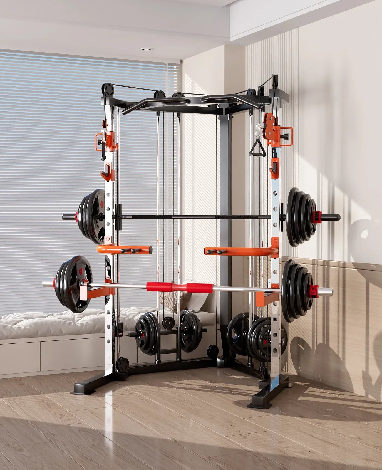 SmartFit C1 Max Multi Functional Cable Crossover Station 130kgs Pin Loaded Machine + Multi Func Bench+7Ft Olympic Barbell + 100kgs Weights - Mekamart Australia