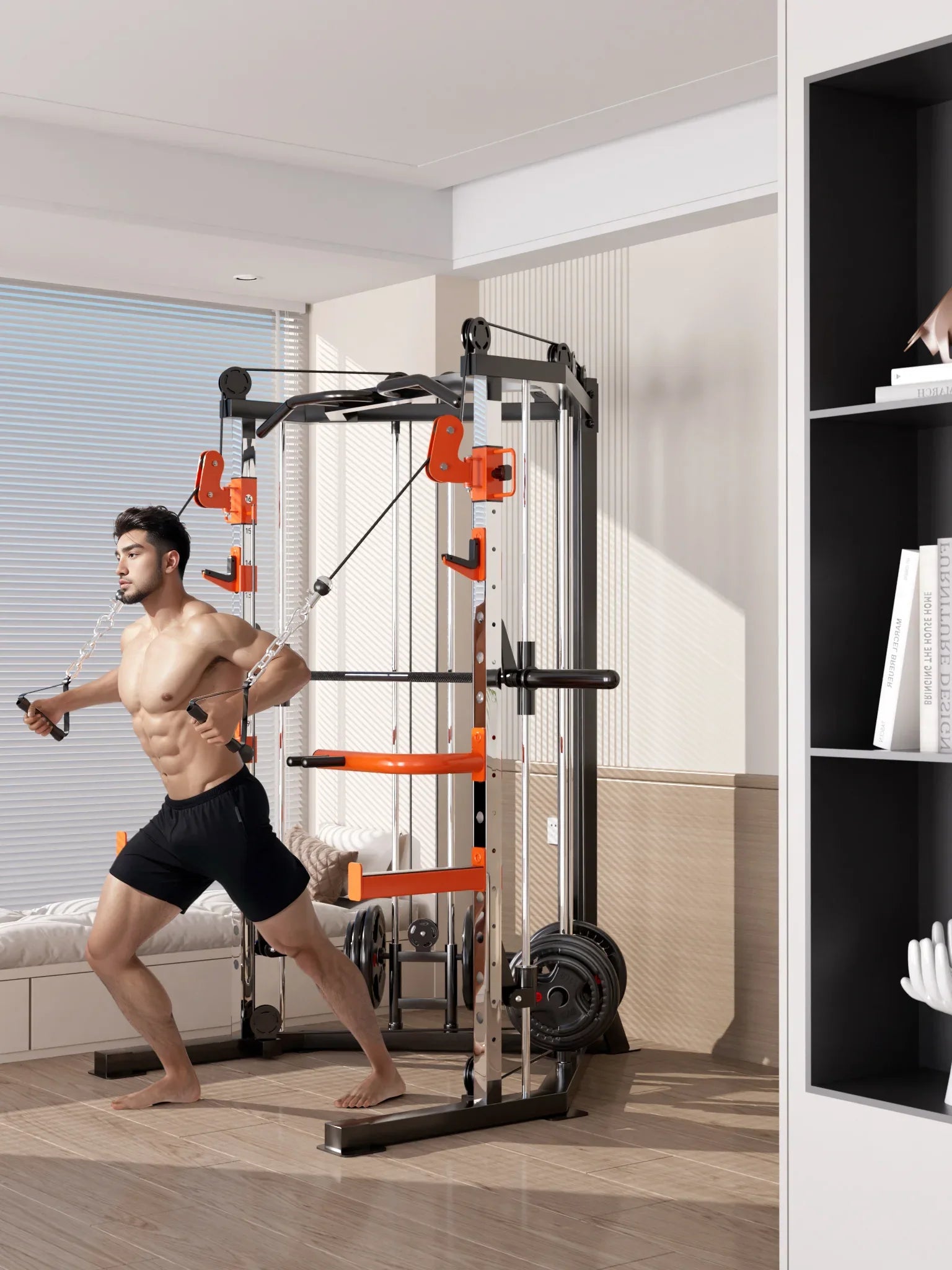 SmartFit C1 Max Multi Functional Cable Crossover Station 130kgs Pin Loaded Machine + Multi Func Bench+7Ft Olympic Barbell + 100kgs Weights - Mekamart Australia