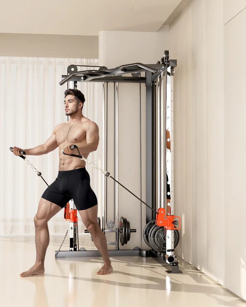 SmartFit C1 Max Multi Functional Cable Crossover Station 130kgs Pin Loaded Machine + Multi Func Bench+7Ft Olympic Barbell + 100kgs Weights - Mekamart Australia