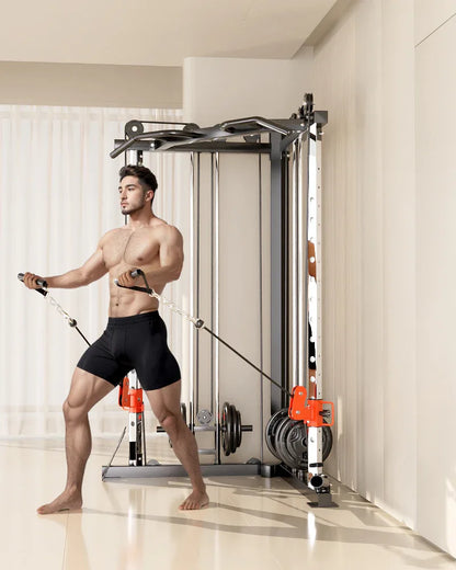 SmartFit C1 Max Multi Functional Cable Crossover Station 130kgs Pin Loaded Machine + Multi Func Bench+7Ft Olympic Barbell + 100kgs Weights - Mekamart Australia
