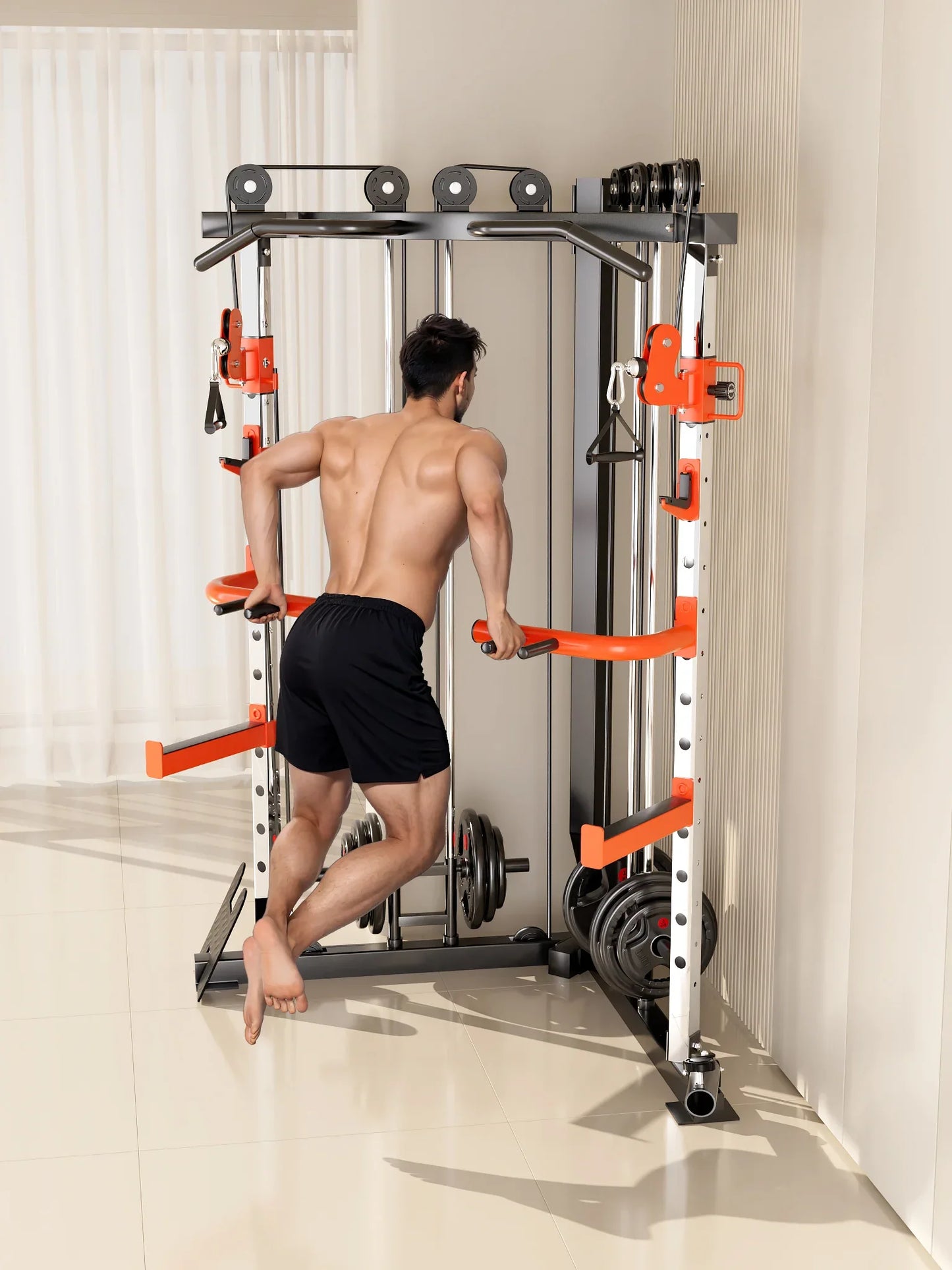 SmartFit C1 Max Multi Functional Cable Crossover Station 130kgs Pin Loaded Machine + Multi Func Bench+7Ft Olympic Barbell + 100kgs Weights - Mekamart Australia