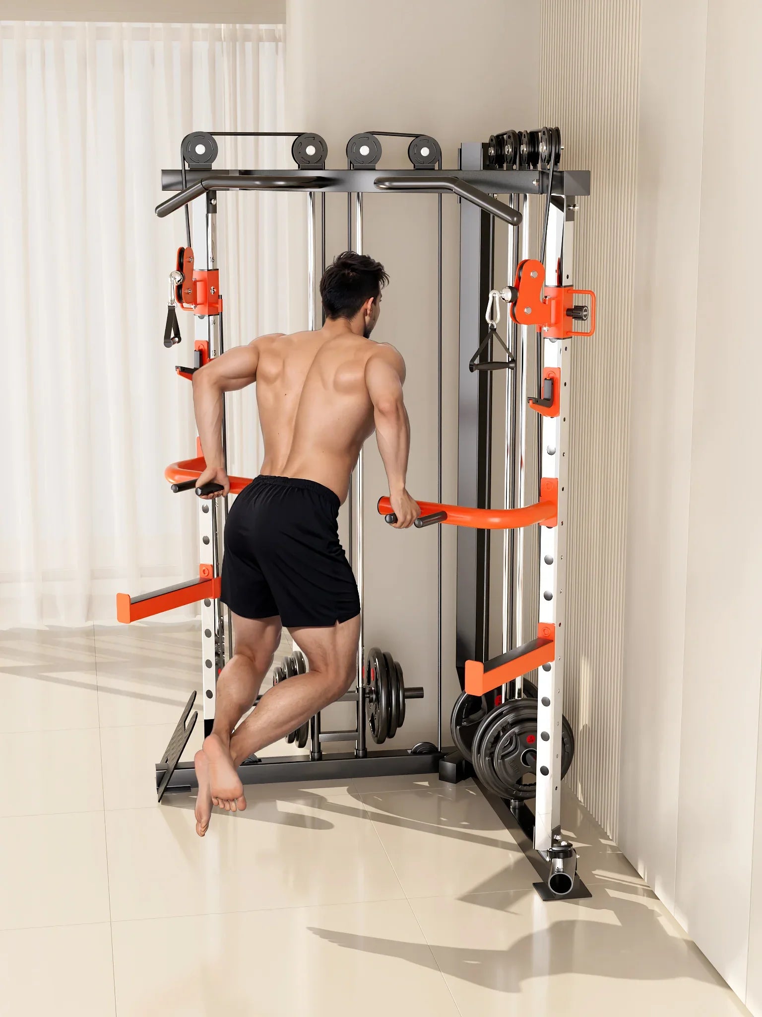 SmartFit C1 Max Multi Functional Cable Crossover Station 130kgs Pin Loaded Machine + Multi Func Bench+7Ft Olympic Barbell + 100kgs Weights - Mekamart Australia