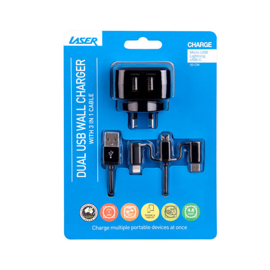Laser Fast Charging Dual USB Wall Charger with 3 in 1 Cable - Black