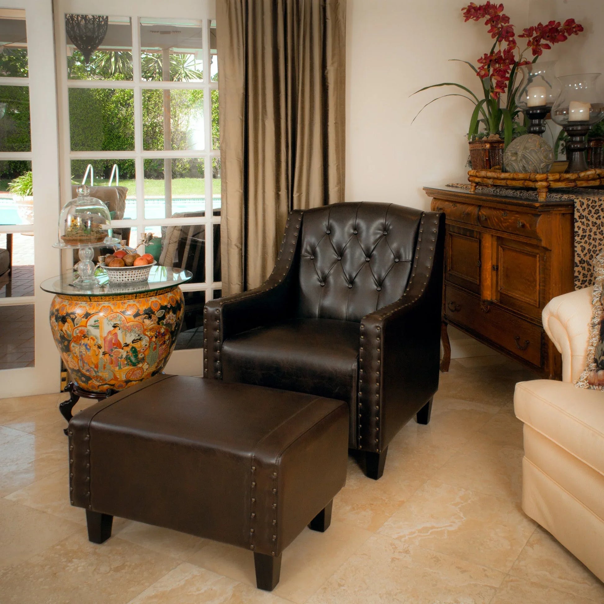 Coogee Bonded Leather Armchair & Ottoman in Brown - Mekamart Australia