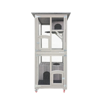 Samland Outdoor Wooden Cat Enclosure Catio with Wheels, Double Cat Houses & Roof