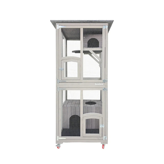 Samland Outdoor Wooden Cat Enclosure Catio with Wheels, Double Cat Houses & Roof