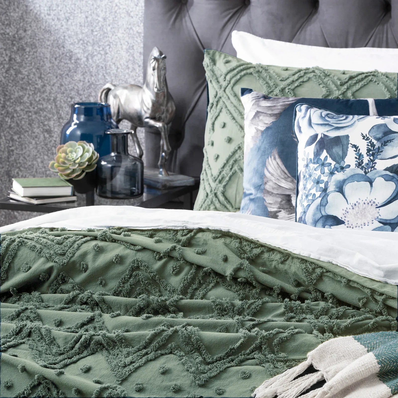 Medallion Sage Cotton Vintage Washed Tufted King Quilt Cover set by Park Avenue - Mekamart Australia