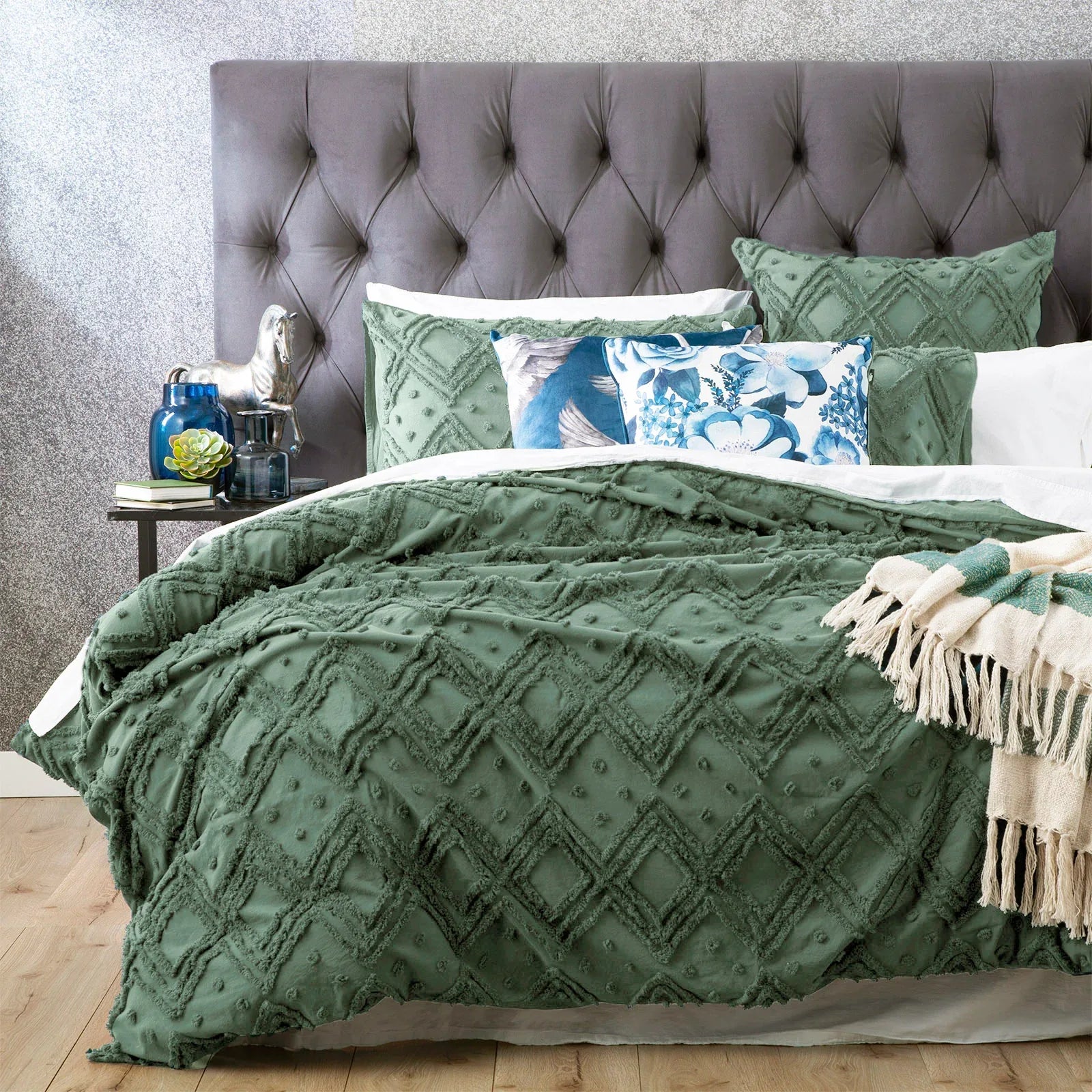 Medallion Sage Cotton Vintage Washed Tufted Quilt Cover set European P/Case by Park Avenue - Mekamart Australia