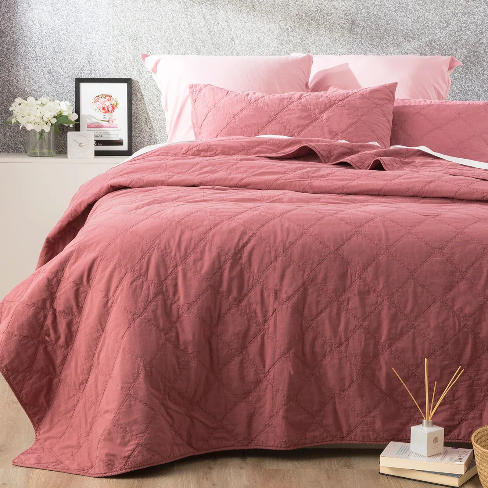 Attwood Vintage Stone Washed Cotton Quilted Rose Coverlet Set by Renee Taylor Queen/King - Mekamart Australia