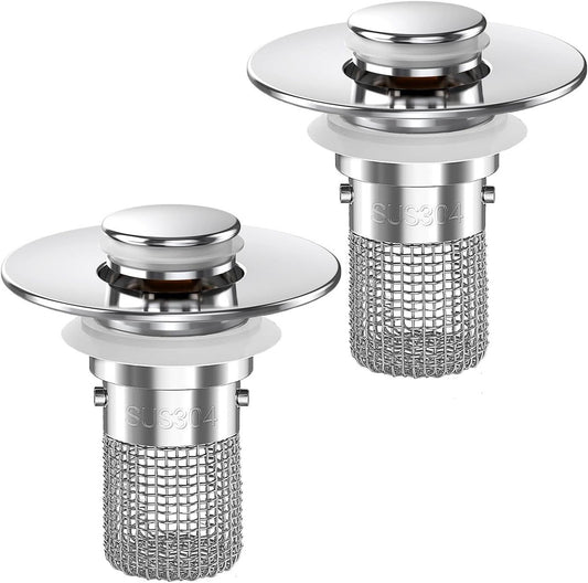 Bathroom Sink Drain Strainer,(2PCS) Pop-up Sink Drain Strainer with Removable Stainless Steel Strainer Basket Hair Catcher, Bathroom Sink Strainer for Bathroom Sink Stopper Replacement