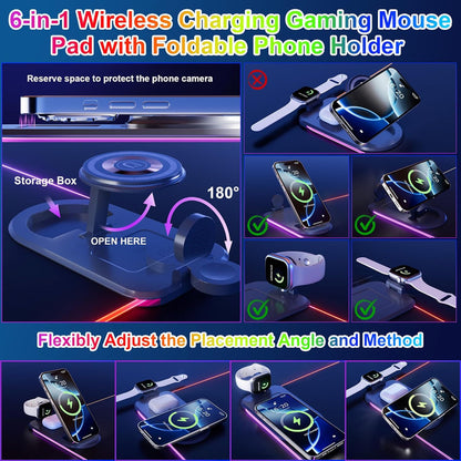 Wireless Charging Mouse Pad 15W RGB Gaming Mousepad Waterproof Desk Mat with Phone Holder 35.4''x11.8'' Extra Large Desk Pad Non-Slip Base Computer Keyboard Mat for PC Laptop, Black