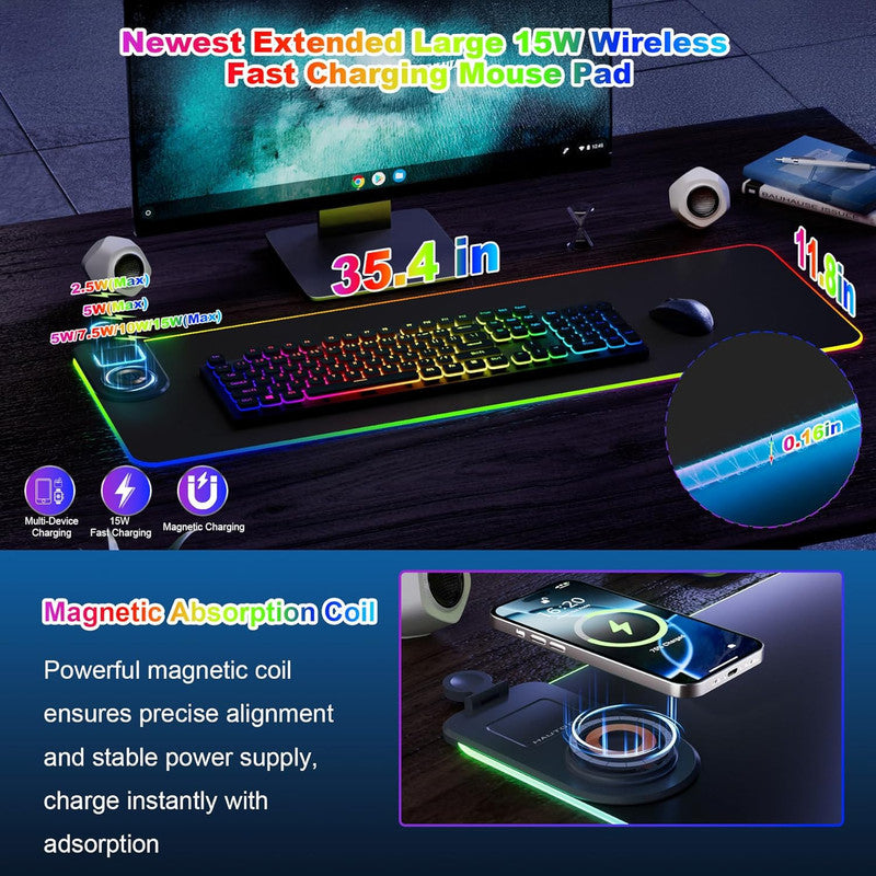 Wireless Charging Mouse Pad 15W RGB Gaming Mousepad Waterproof Desk Mat with Phone Holder 35.4''x11.8'' Extra Large Desk Pad Non-Slip Base Computer Keyboard Mat for PC Laptop, Blue