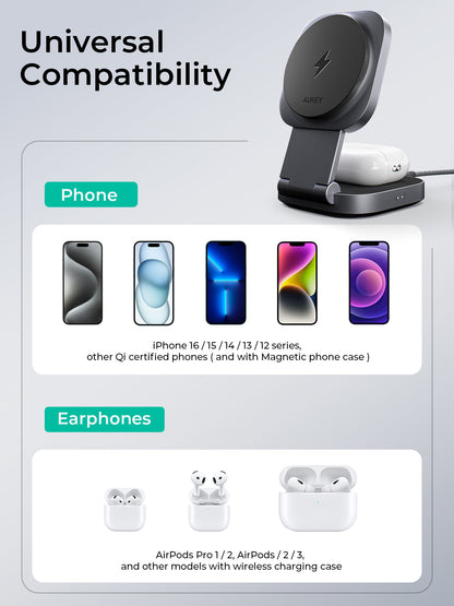AUKEY LC-MC211 MagFusion L Qi2 Foldable 2 In 1 Magnetic Wireless Charger