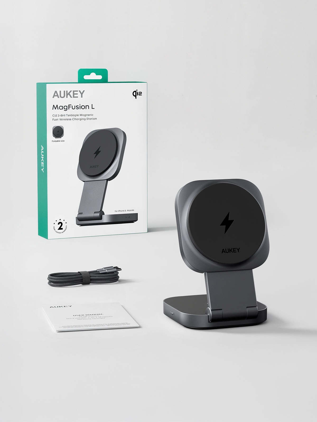 AUKEY LC-MC211 MagFusion L Qi2 Foldable 2 In 1 Magnetic Wireless Charger