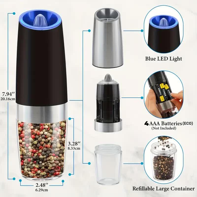 Gravity Electric Salt and Pepper Grinder Set, Battery Powered LED Light One Hand Automatic Operation, Adjustable Coarseness Mill Grinders Shakers Black, Kitchen Gadgets Gift Ideas - Mekamart Australia