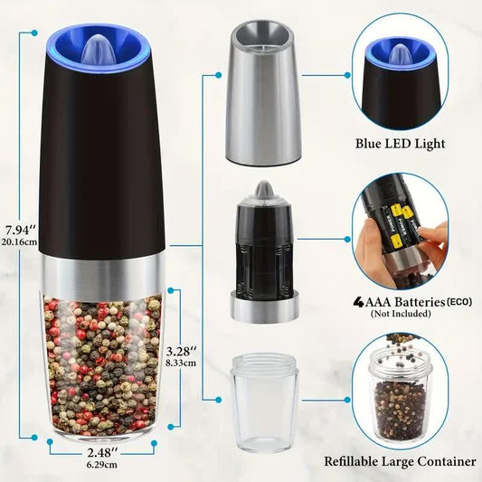 Gravity Electric Salt and Pepper Grinder Set, Battery Powered LED Light One Hand Automatic Operation, Adjustable Coarseness Mill Grinders Shakers Black, Kitchen Gadgets Gift Ideas - Mekamart Australia