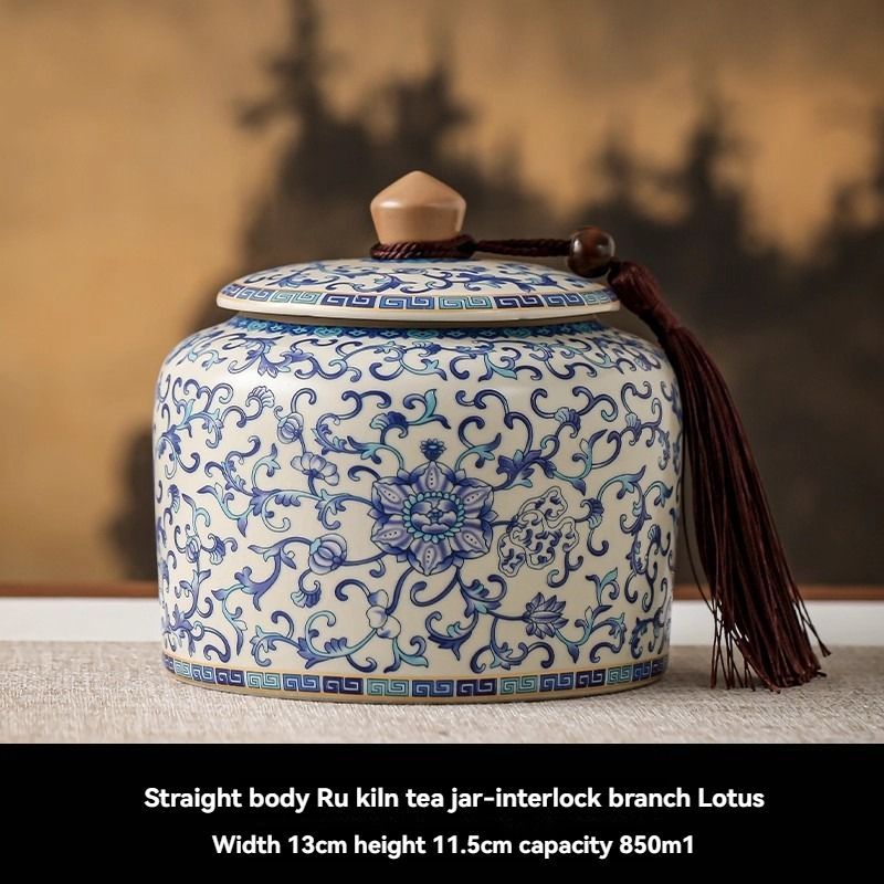 Ru Kiln tea jar, blue-and-white ceramic canister, airtight tea storage, floral tea container, Australian tea accessory - Cyan - Size 12