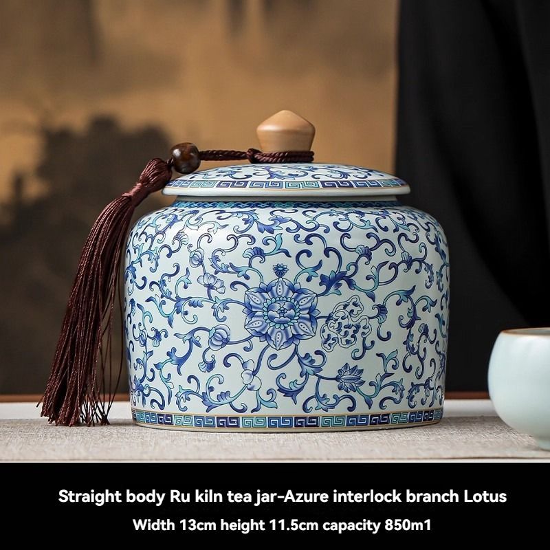 Ru Kiln tea jar, blue-and-white ceramic canister, airtight tea storage, floral tea container, Australian tea accessory - Cyan - Size 12