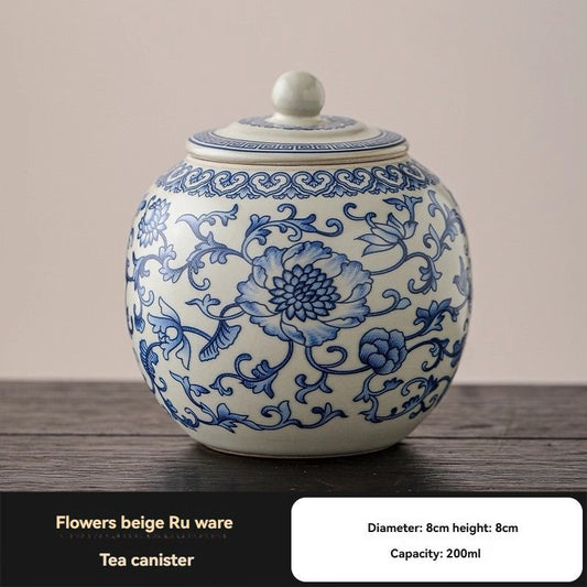 Ru Kiln tea jar, blue-and-white ceramic canister, airtight tea storage, floral tea container, Australian tea accessory - Cyan - Size 14