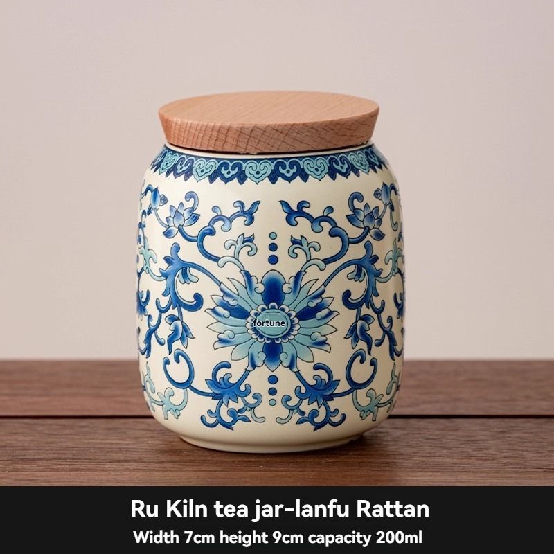 Ru Kiln tea jar, blue-and-white ceramic canister, airtight tea storage, floral tea container, Australian tea accessory - Cyan - Size 2