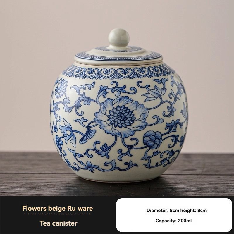 Ru Kiln tea jar, blue-and-white ceramic canister, airtight tea storage, floral tea container, Australian tea accessory - Cyan - Size 2