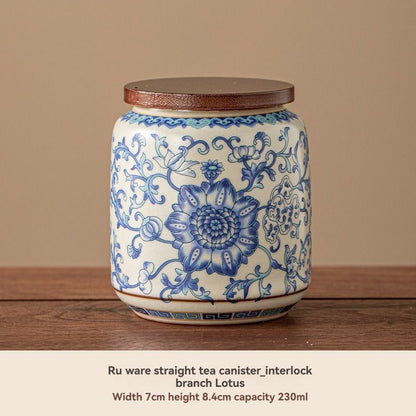 Ru Kiln tea jar, blue-and-white ceramic canister, airtight tea storage, floral tea container, Australian tea accessory - Cyan - Size 2