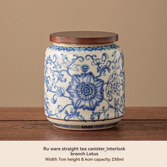 Ru Kiln tea jar, blue-and-white ceramic canister, airtight tea storage, floral tea container, Australian tea accessory - Cyan - Size 3