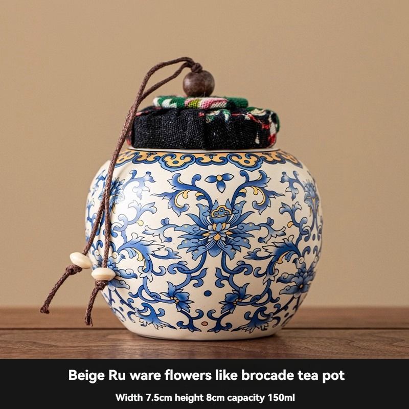 Ru Kiln tea jar, blue-and-white ceramic canister, airtight tea storage, floral tea container, Australian tea accessory - Cyan - Size 4