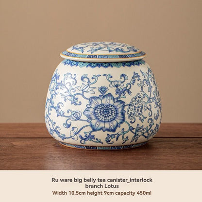 Ru Kiln tea jar, blue-and-white ceramic canister, airtight tea storage, floral tea container, Australian tea accessory - Cyan - Size 5