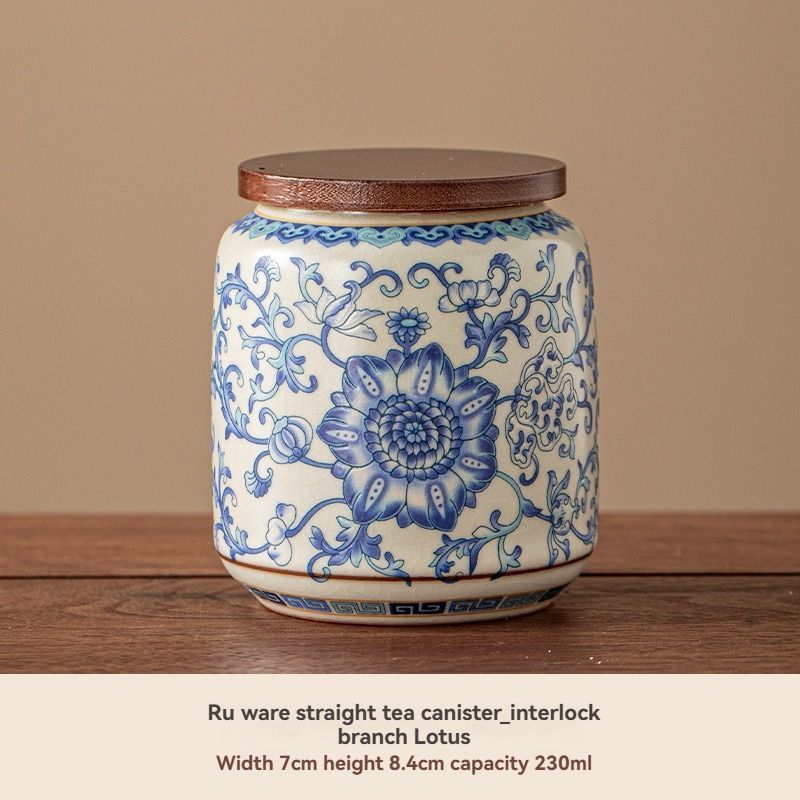 Ru Kiln tea jar, blue-and-white ceramic canister, airtight tea storage, floral tea container, Australian tea accessory - Cyan - Size 7