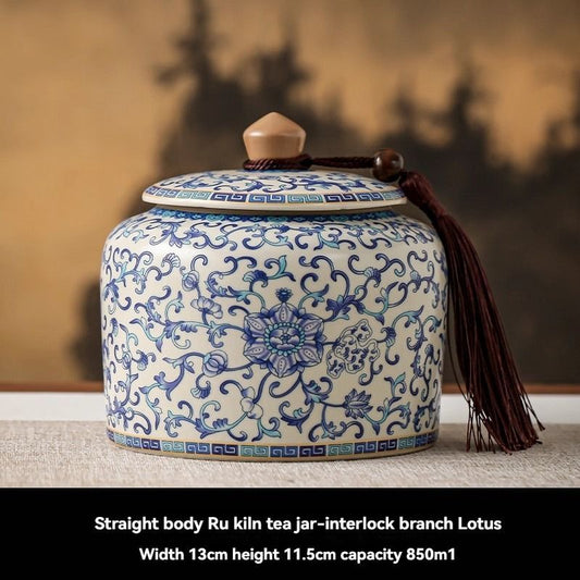 Ru Kiln tea jar, blue-and-white ceramic canister, airtight tea storage, floral tea container, Australian tea accessory - Cyan - Size 8