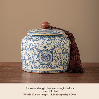 Ru Kiln tea jar, blue-and-white ceramic canister, airtight tea storage, floral tea container, Australian tea accessory - Cyan - Size 8