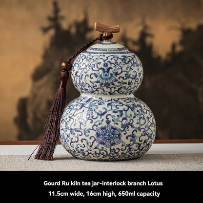 Ru Kiln tea jar, blue-and-white ceramic canister, airtight tea storage, floral tea container, Australian tea accessory - Cyan - Size 9